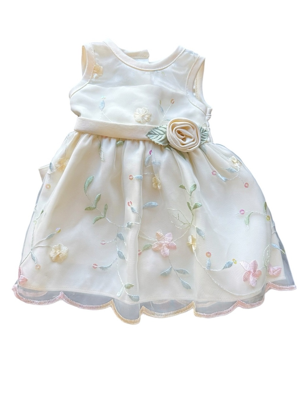 Ivory Floral Embroidered Doll Dress with Rosette